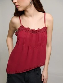 Nöista Red Camisole Features Delicate Lace Trim, Pintuck Detailing, And Adjustable Double Straps At The Back For A Customizable Fit. Spring, Summer, Woman. - Red Violet - View 3