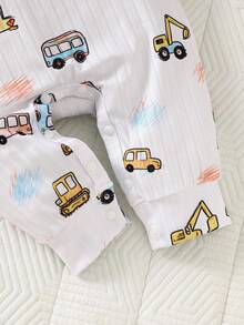 SHEIN 新生儿罗纹针织休闲长袖连体衣，圆领露肩设计，附赠可爱帽子 - 白色 - 查看 5