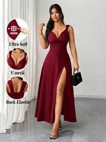 Rafferiza Women's Burgundy Elegant Romantic Sexy Solid V-Neck High Stretch Bodycon Party Dress, Versatile & Stylish Design With Slit Fall Cloth For Women Date/Party/Nightclub/Street /Halloween/Valentine's Day/Birthday Dress Wedding Guest Dress Elegant Dress Country Concert Outfit Long Dress - Burgundy - View 1