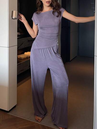 DAZY Shiny Knit Fabric Gathered Waist Top & Loose Drawstring Pants Women's Pajama Set