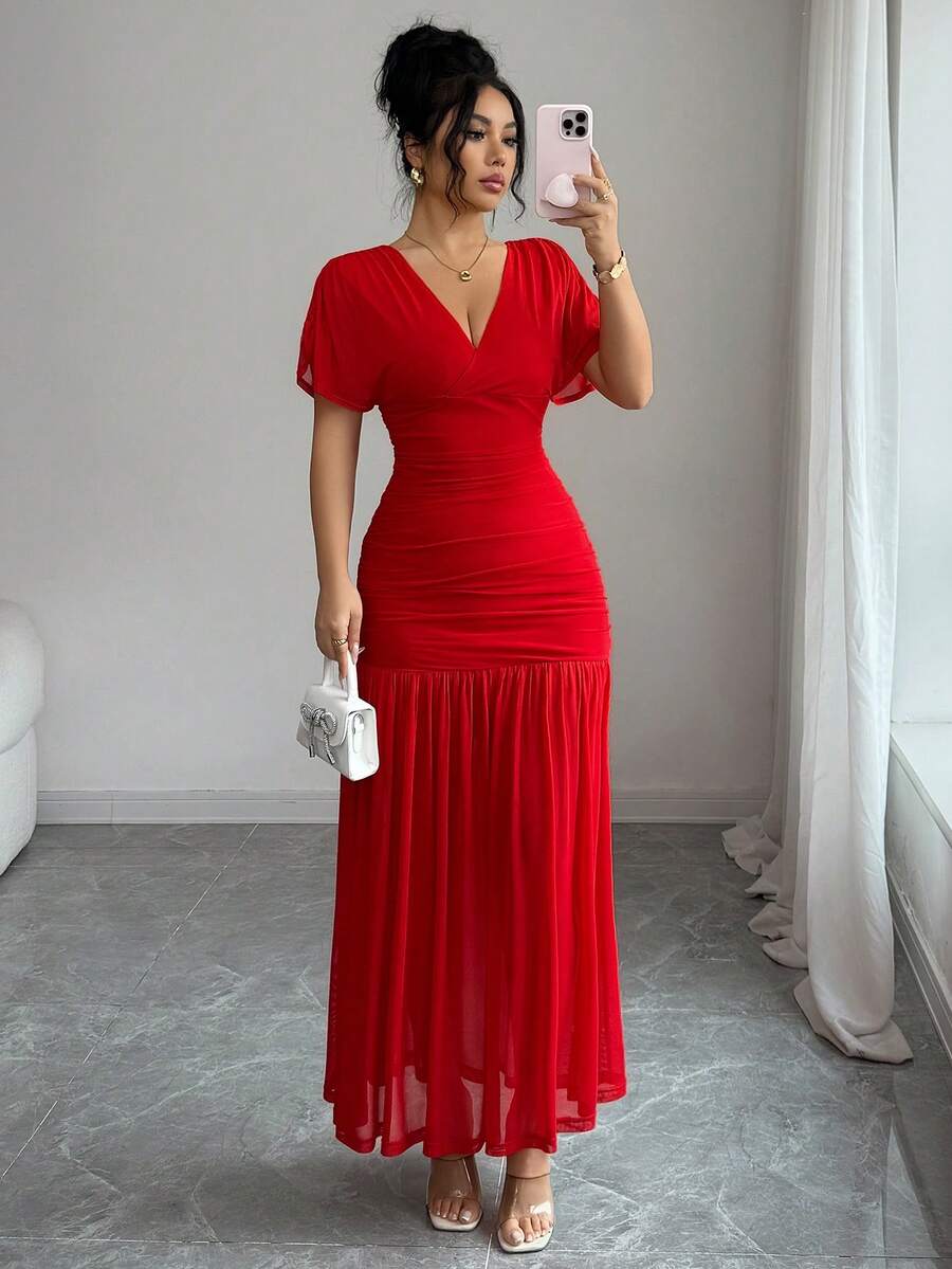 SHEIN Elenzya Đầm midi dáng chữ A bằng vải lưới thoáng khí, thiết kế thanh lịch, ôm sát cơ thể, thoải mái, phù hợp cho cả dự tiệc và mặc hàng ngày. - Đỏ - Xem 1