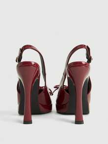 CUCCOO LuxiPop 女士尖头高跟防水厚底鞋，饰有蝴蝶结，PU皮革材质，时尚简约设计，舒适百搭，适合日常、派对和宴会穿着。 - 酒紅色 - 查看 4