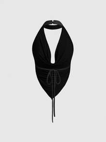 ROMWE Avant Top de mujer con cuello drapeado y bajo asimétrico, de estilo casual y elegante - Negro - Ver 2