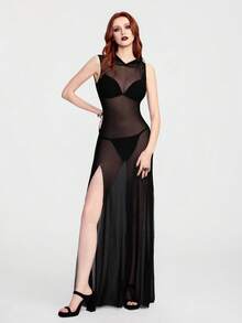 Breakform 女士哥特风性感透视连帽连衣裙，高开衩设计，适合主题派对、夜店装扮 - 黑色 - 查看 6