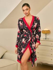 Betty Boop x SHEIN Women's Casual Contrast Lace Allover Print Belted Sleepwear Robe - Black - View 4