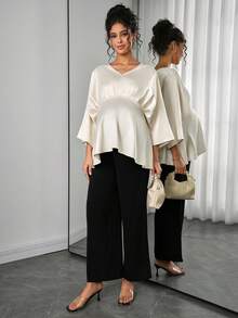 Momance Camisa elegante de maternidad de unicolor con mangas de murciélago y cintura alta para ir al trabajo - Albaricoque - Ver 6