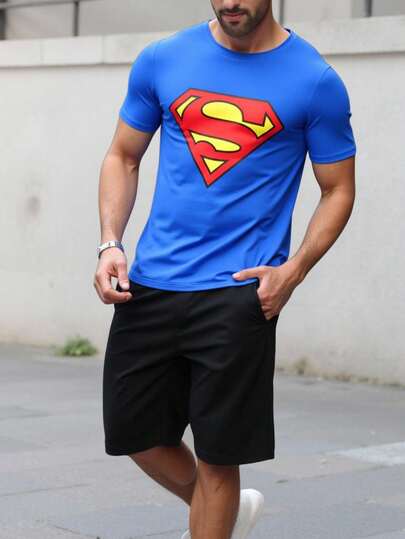 SUPERMAN X SHEIN Men's Letter Print Round Neck Blue Casual Short Sleeve T-Shirt Tight Fit Pajamas Superhero Shirt Blue T-Shirt