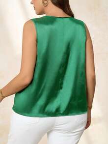 Chikora Plus Size Fashionable Elegant Mesh Patchwork Sleeveless Tank Top, Going Out Tops - Green - View 2