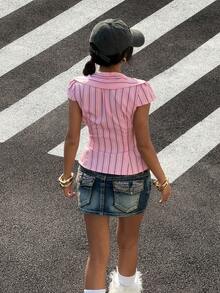 StreetHx Women's Summer Striped Fitted Pink Short Sleeve Shirt - Pink - View 8