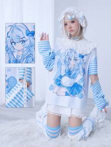 ROMWE EDITION Áo thun nữ dáng rộng in họa tiết sọc tương phản, phong cách anime dễ thương kiểu Yandere. - trắng - Xem 9