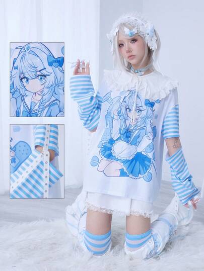 Women's Anime Cute Yandere Style Contrast Color Striped Print Loose T-Shirt