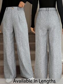 SHEIN PETITE CURVE 大码女式高腰褶皱阔腿宽松休闲裤 - 灰色 - 查看 3