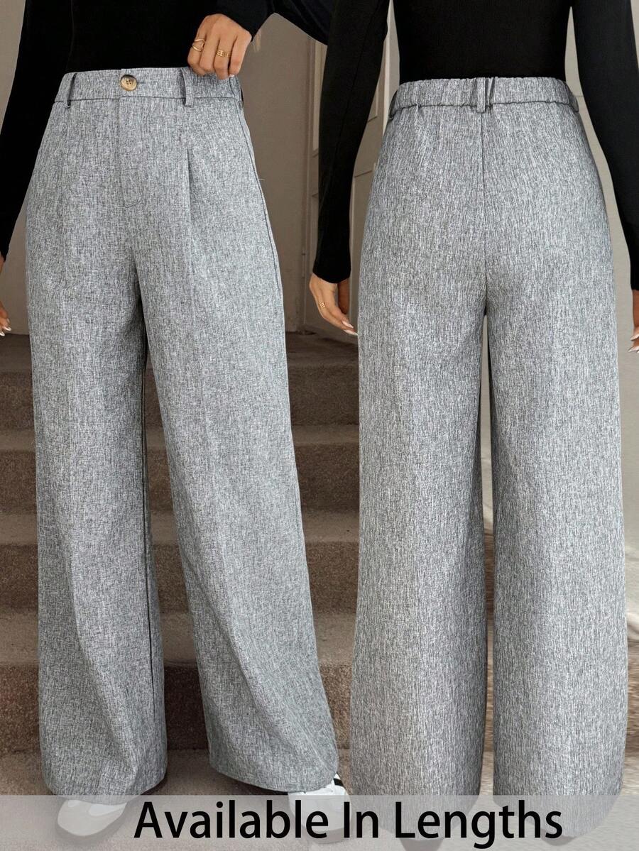 SHEIN PETITE CURVE Plus Size Women High Waist Pleated Wide Leg Loose Casual Pants - Grey - View 1