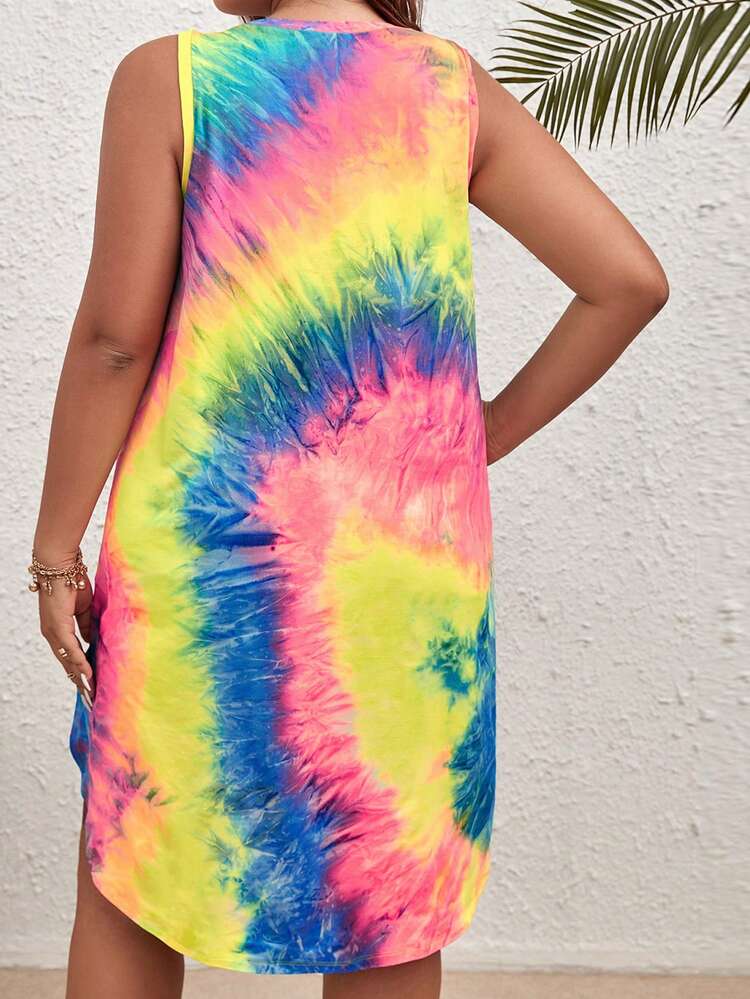 Plus Size Boho Tie Dye Curved Hem Tank Dress, For Summer