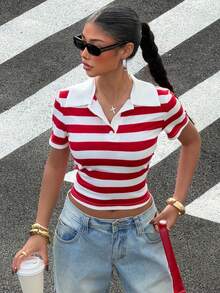 Muchica Áo thun nữ tay ngắn cổ polo kẻ sọc đỏ trắng ôm dáng - Đỏ và trắng - Xem 1