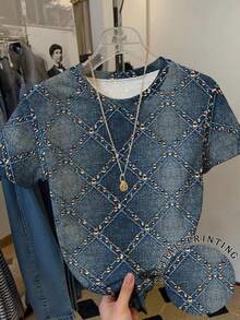 Resyla Women's Casual Crystal Print Round Neck Short Sleeve T-Shirt, Summer - Multicolor - View 1