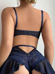 SHEIN 3pcs Set: Lace Patchwork Ruffle Hem Slit Bodystocking With Garter Belt + 2pcs Fishnet Stockings, Party Outfit - Royal Blue - View 2