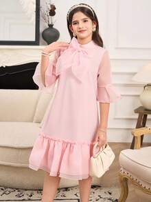Đầm thanh lịch màu trơn có nơ trang trí và viền bèo cho bé gái tuổi teen - Màu xanh lam - Xem 5