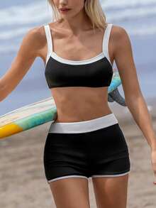 Swim SPRTY Women's Contrast Trim Spaghetti Strap Bikini Set - Black and White - View 1