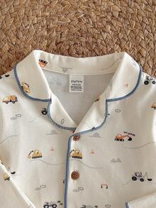 Loomiva 2件套男婴卡通汽车图案翻领长袖开衫衬衫和松紧腰裤套装 - 藍白色 - 查看 6