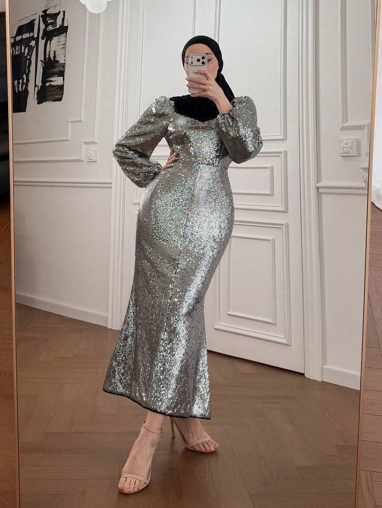 Women's Sequin Patchwork Colorblock Dress With Long Sleeves Carnival Sparkly Dress Sundress