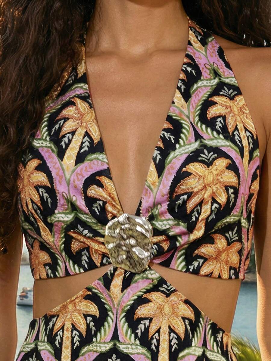CAJUNI Tropical Plant Print Halter Metal Flower Decor Backless Summer Sleeveless Dress - Multicolor - View 1