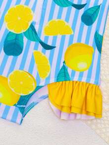 Baby Girls' Cute Lemon Print Ruched Zipper Front One-Piece Swimsuit With Adjustable Bow Sun Hat, For Beach Vacation, Spring/Summer/Autumn