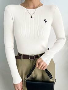 DAZY Suéter de ajuste ceñido de cuello redondo de unicolor, estilo casual de negocios - Blanco - Ver 3