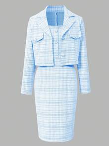 SHEIN 两件套大童优雅粗花呢短款西装外套+无袖修身连衣裙，正式套装，春秋季 - 藍色 - 查看 4