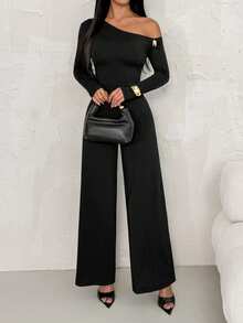 SHEIN PETITE Bộ jumpsuit đen trơn thanh lịch mùa xuân hè, kiểu dáng bất đối xứng vai, tay dài, trang trí khóa kim loại, ống rộng, phù hợp cho các buổi hẹn hò, đi chơi, dự tiệc hàng ngày, kiểu dáng thanh lịch cho nữ, jumpsuit bất đối xứng, jumpsuit ống rộng, jumpsuit ngày Valentine, jumpsuit mặc hàng ngày, jumpsuit duyên dáng, jumpsuit đen ống rộng, jumpsuit đen tay dài một vai, jumpsuit đen thanh lịch, jumpsuit một mảnh cho nữ, jumpsuit đen một vai gợi cảm, jumpsuit đen cho nữ, jumpsuit một mảnh đen thanh lịch - màu đen - Xem 4