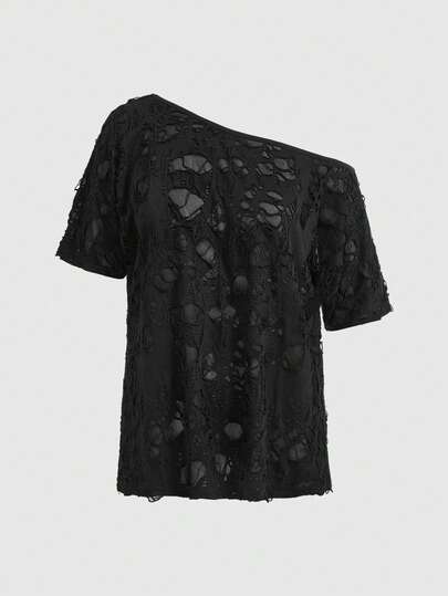 Grunge Punk T-shirt femme en tricot jacquard ajouré, style punk et sombre