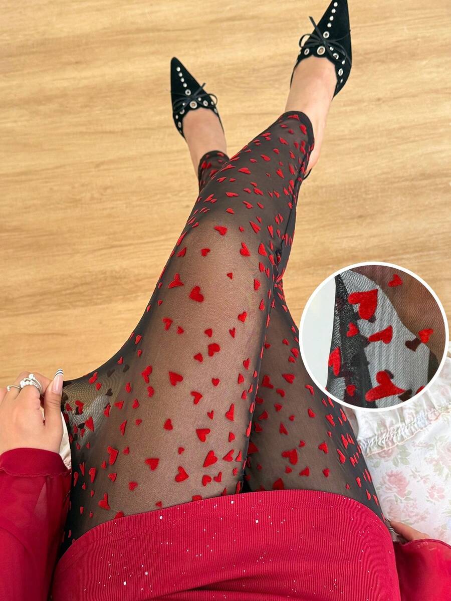 CovetEZ Quần legging lưới xuyên thấu họa tiết trái tim dành cho nữ cỡ lớn, thích hợp cho ngày Valentine. - Nhiều màu - Xem 1