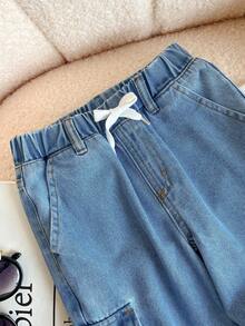 Toddler Boys' Casual Denim Jeans, Elastic Waist Cargo Style Washed Light Blue 3/4 Pants - Blue - View 4