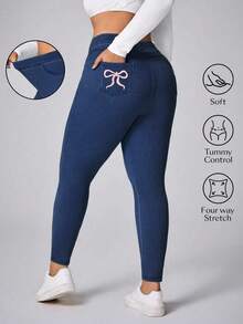 Flexra Plus Size Women's Bowknot Elastic Fitted Pants - Dark Wash - View 1