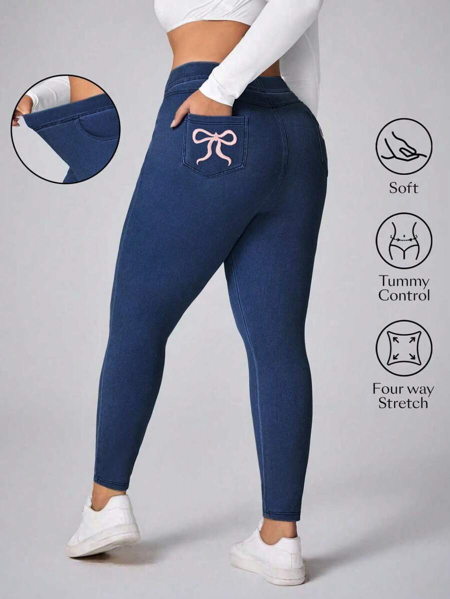Flexra Plus Size Women's Bowknot Elastic Fitted Pants - Dark Wash - View 1