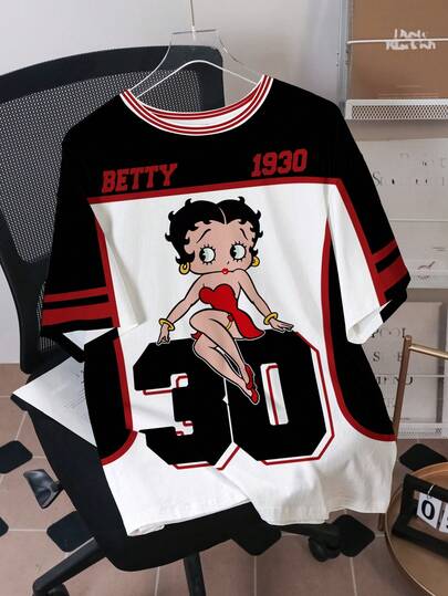 Betty Boop x SHEIN Men's Casual Everyday Commute Fashion Street Cartoon Character & Numeric Print Contrast Color Loose Fit T-Shirt, Summer