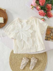 SHEIN Young Girl Solid Color Round Neck 3D Floral Casual T-Shirt,Kids - Apricot - View 5