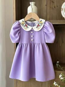 LMoss Kids LMoss Baby Girl's Purple Dress With Floral Embroidery, Peter Pan Collar, And Puff Sleeves; Casual And Stylish,فستان,فستان بنات - Purple - View 5