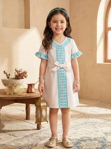 SHEIN Young Girls' Vintage Style Patchwork Retro Print A-Line Dress With Belt, Summer Fashion - Multicolor - View 3