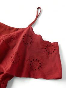 Ellevyn Women's Boho Red Embroidery Mini Dress A Line Flounce Ruffle Hem Spaghetti Strap Cold Shoulder Sleeveless - Red - View 9