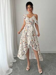 Elenzga Elegant Asymmetric Ruffle Floral Print Summer Dress - Apricot - View 4
