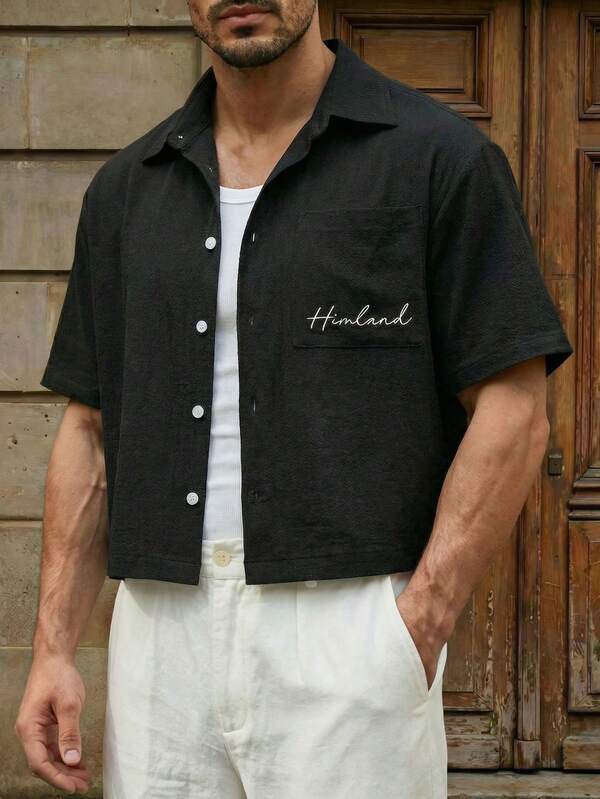 HIMLAND Camisa casual de bolsillo de manga corta con bordado de letras de una sola hilera para hombres