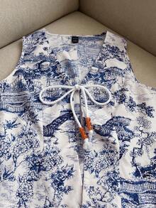 Franclia 女士全印花V领系带无袖优雅薄款西装外套 - 藍白色 - 查看 4