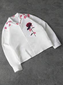 PAVTROS Men's Street-Style Floral & Lip Print Casual Long Sleeve Shirt,White And Red,Summer,Casual,Streetwear,Night,Valentine's Day Oversized Graphic - White - View 8