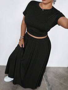 Dripcurv 2 件大码套装：休闲弹力短袖上衣和长款修身裙，灰色 - 黑色 - 查看 6