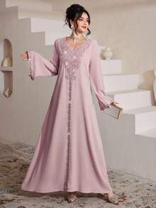 Al Najma Luxurious Embroidered & Beaded Loose Long Sleeve Split Maxi Dress, Turkish & Arabic Traditional Style - Pink - View 4
