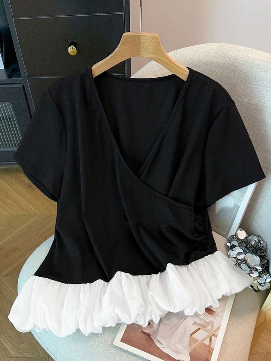 GlowEve CURVE 大码女式复古刺绣拼接亚麻混纺圆领纽扣衬衫，春夏款 - 黑色 - 查看 1