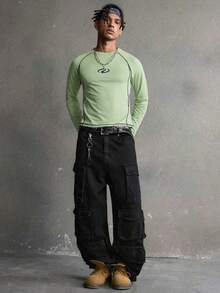 AXEPEAK Men's Geometric Print Crew Neck Raglan Long Sleeve Casual T-Shirt - Green - View 5