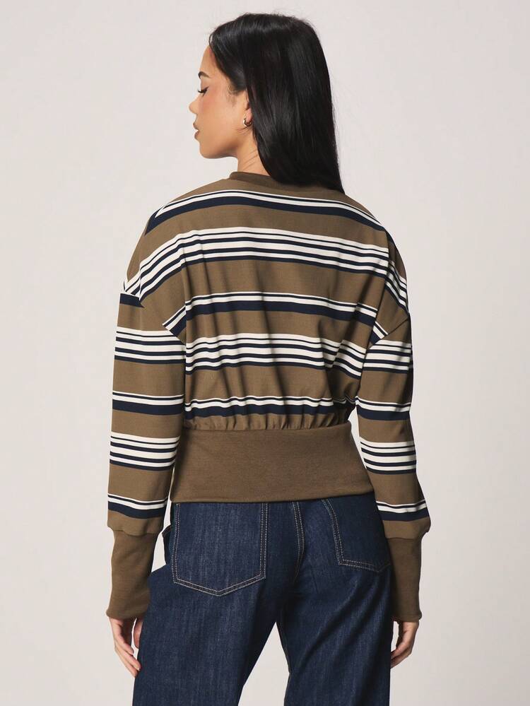 MISSGUIDED Striped Button Down Long Sleeve Cardigan Top With Cinched Waist And Crew Neckline For Fall Winter Casual Everyday Wear