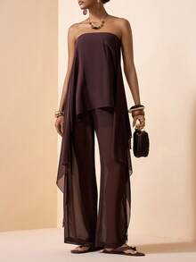 Zivah 2026 Spring/Summer New Music Festival, Easter, St. Patrick's Day, Valentine's Day, Date, Western, Nomadic, Birthday Party, Graduation, College, Student, Daily Wear, Basic Versatile, Casual, Vacation, Cruise Travel, Beach, Sunbathing, Viral , Streetwear, Wedding Guest Boho, Commute, Brunch, Airport, Party, Holiday Outing, Office Wear Chiffon Sleeveless Ruffle Hem Top And Pants Brown Suit - Brown - View 7